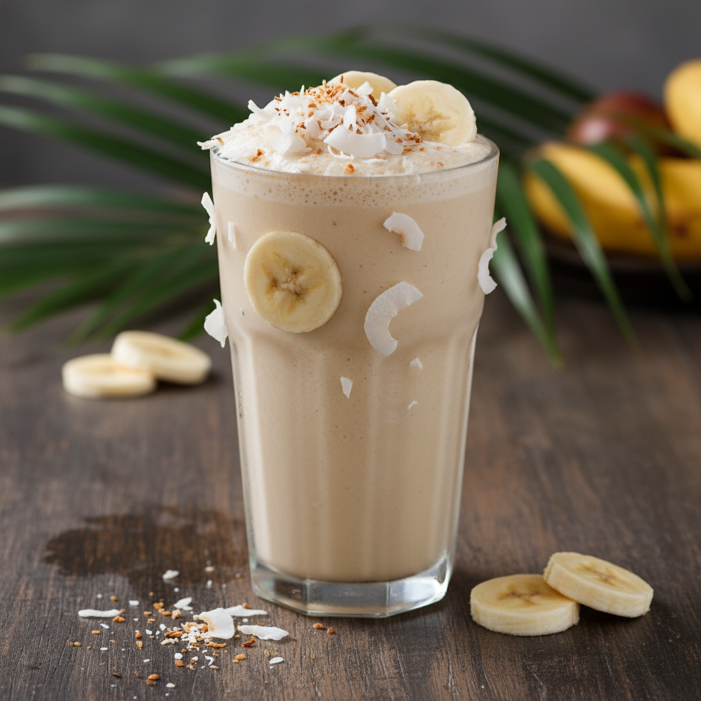 Finished tropical coffee smoothie in glass