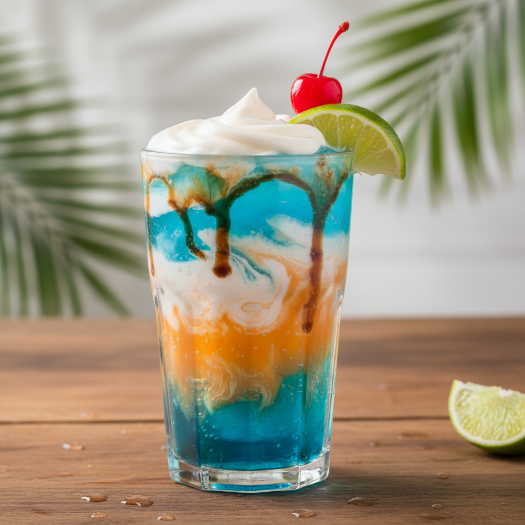 Tropical Thunder Dirty Soda final presentation with lime and cherry garnish