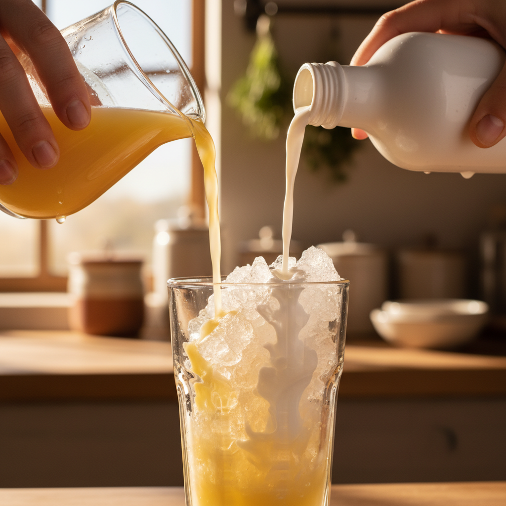 Adding pineapple juice and coconut syrup over crushed ice in glass