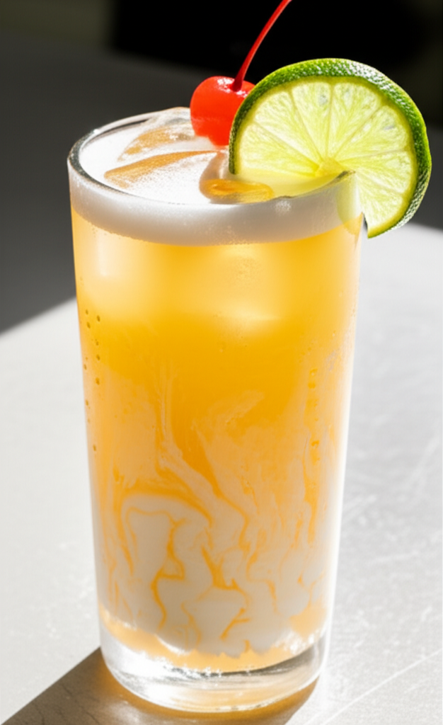 Tropical Thunder Dirty Soda drink in glass with tropical fruits