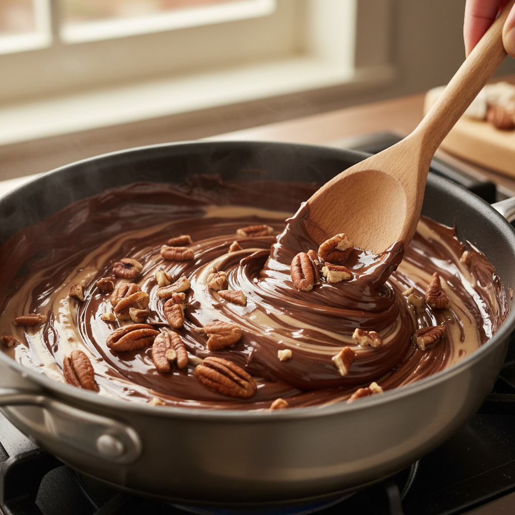 Mixing pecans into chocolate mixture