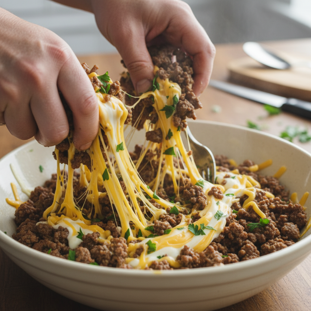 Mixing cheese with cooked ground beef
