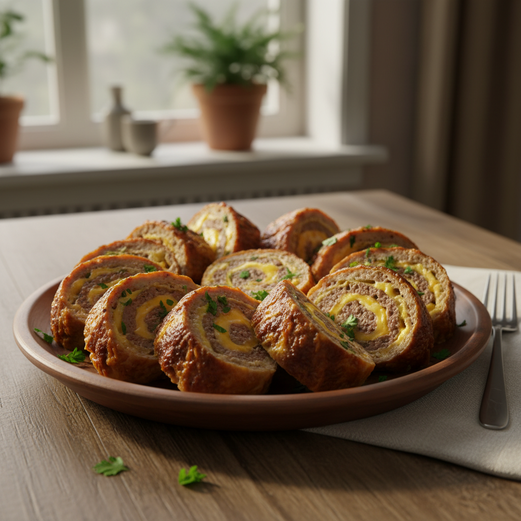 Served cheesy ground beef roll garnished with parsley