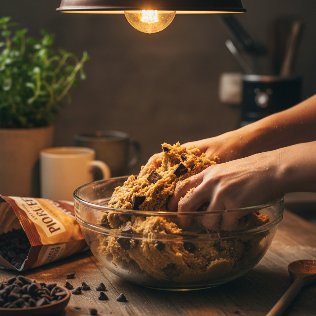 Mixing dough for Ultra Thick Bakery Style Chocolate Chip Cookies