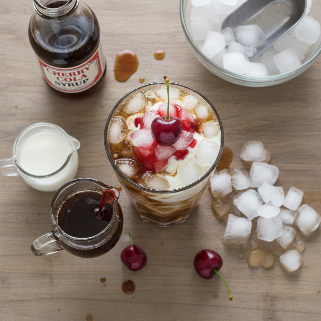 Ingredients for Cherry Swirl Dirty Soda including cola, cherry syrup and cream