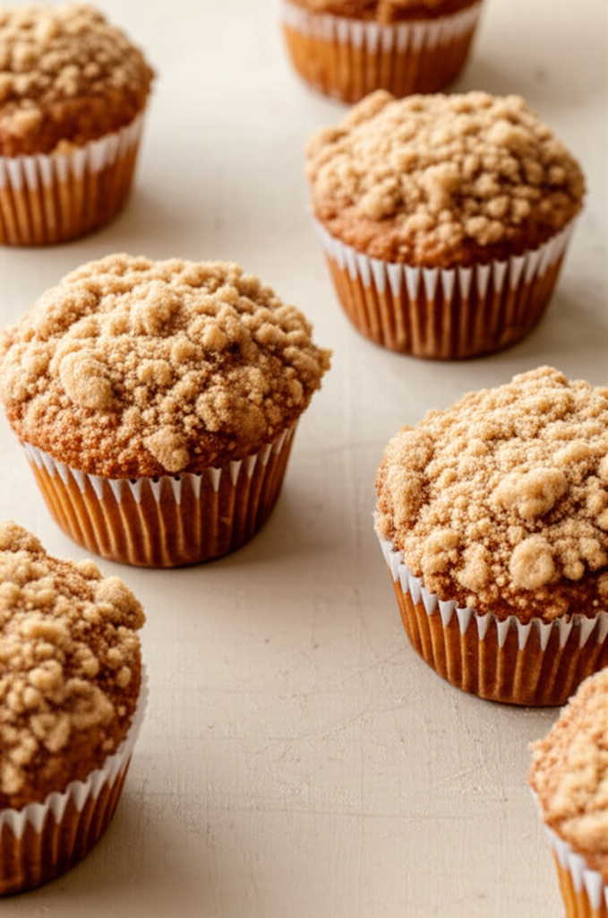 Freshly baked Apple Cinnamon Streusel Muffins on a wooden table