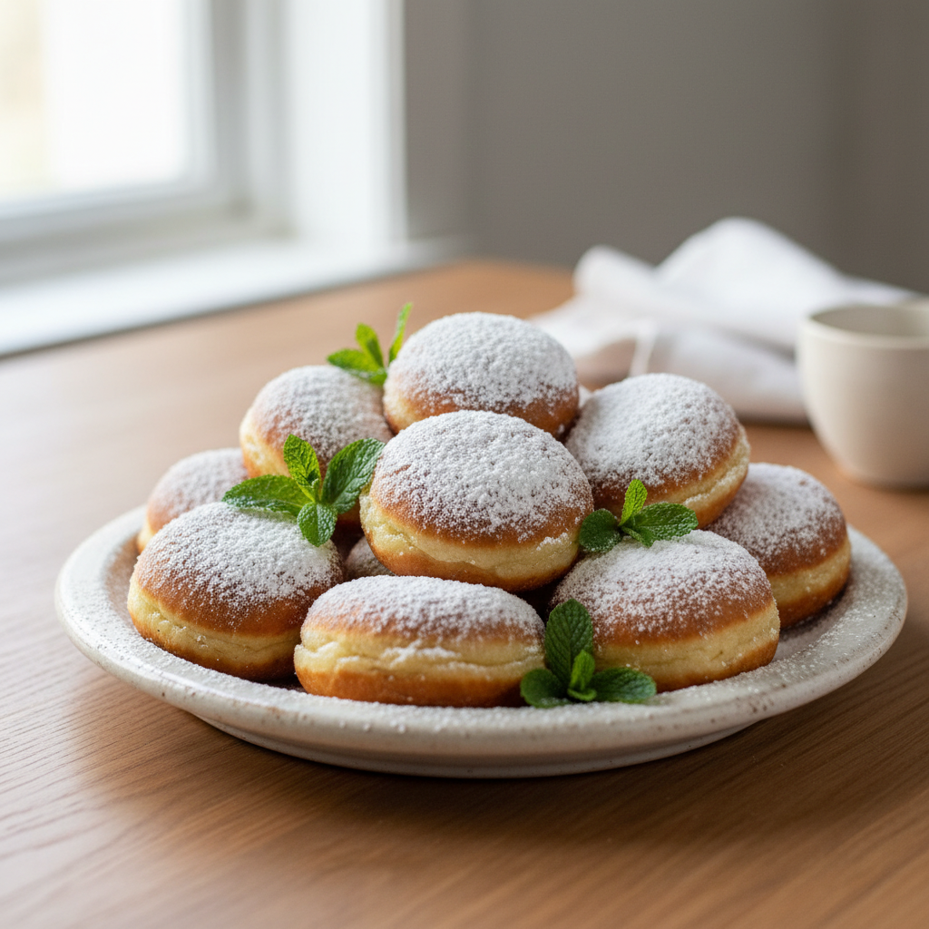 Stack of freshly made Vanilla French Beignets dusted with powdered sugar