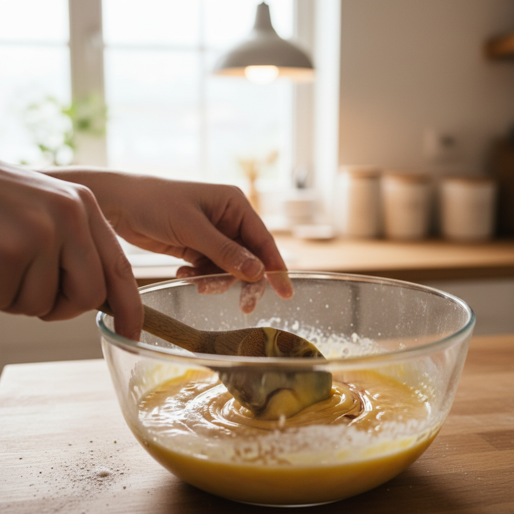 Mixing dough ingredients for Vanilla French Beignets