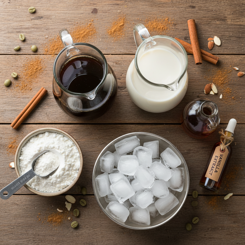 Ingredients for Vanilla Maple Protein Iced Coffee laid out