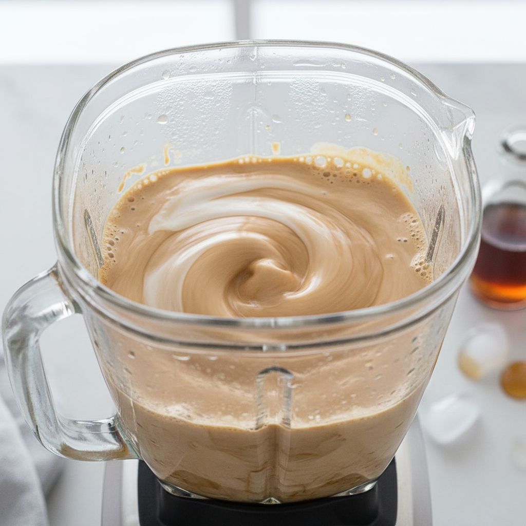 Blending the Vanilla Maple Protein Iced Coffee ingredients