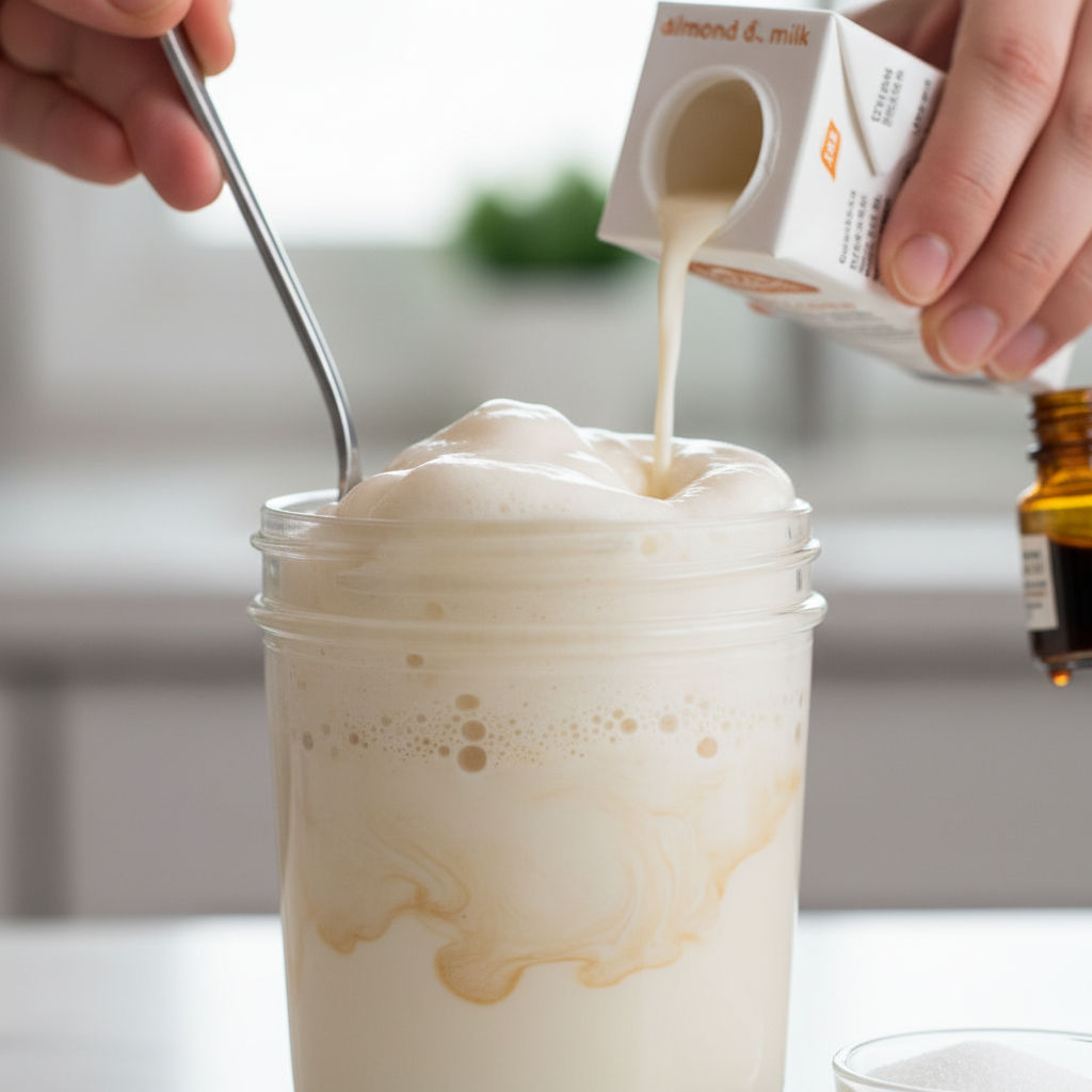 Mixing protein powder and milk in a blender