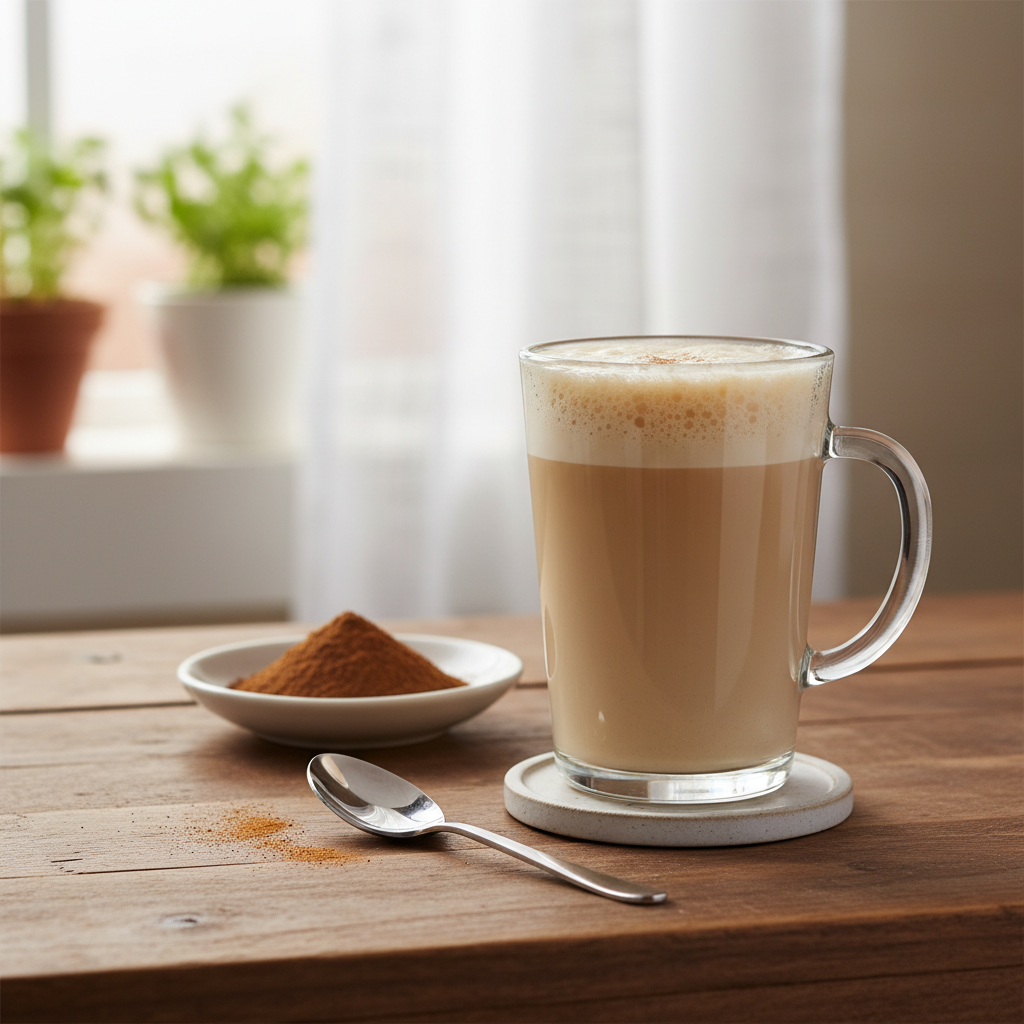 Cup of vanilla protein latte with cinnamon topping