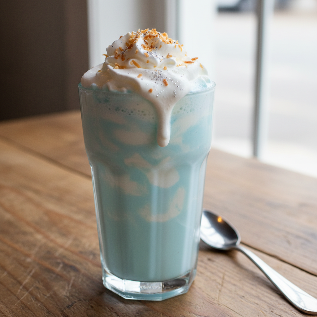 Vanilla Sky Dirty Soda topped with whipped cream and cherry