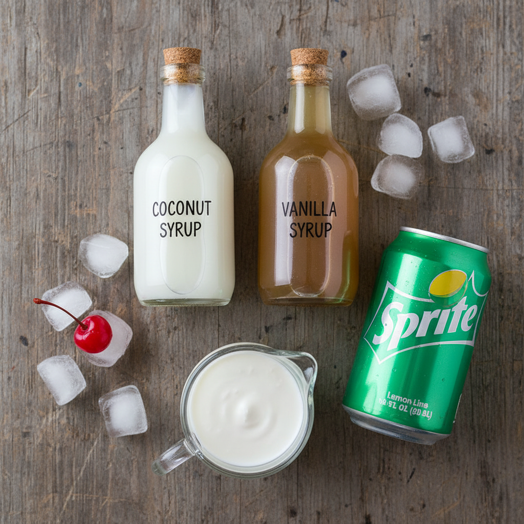 Ingredients for Vanilla Sky Dirty Soda on a table