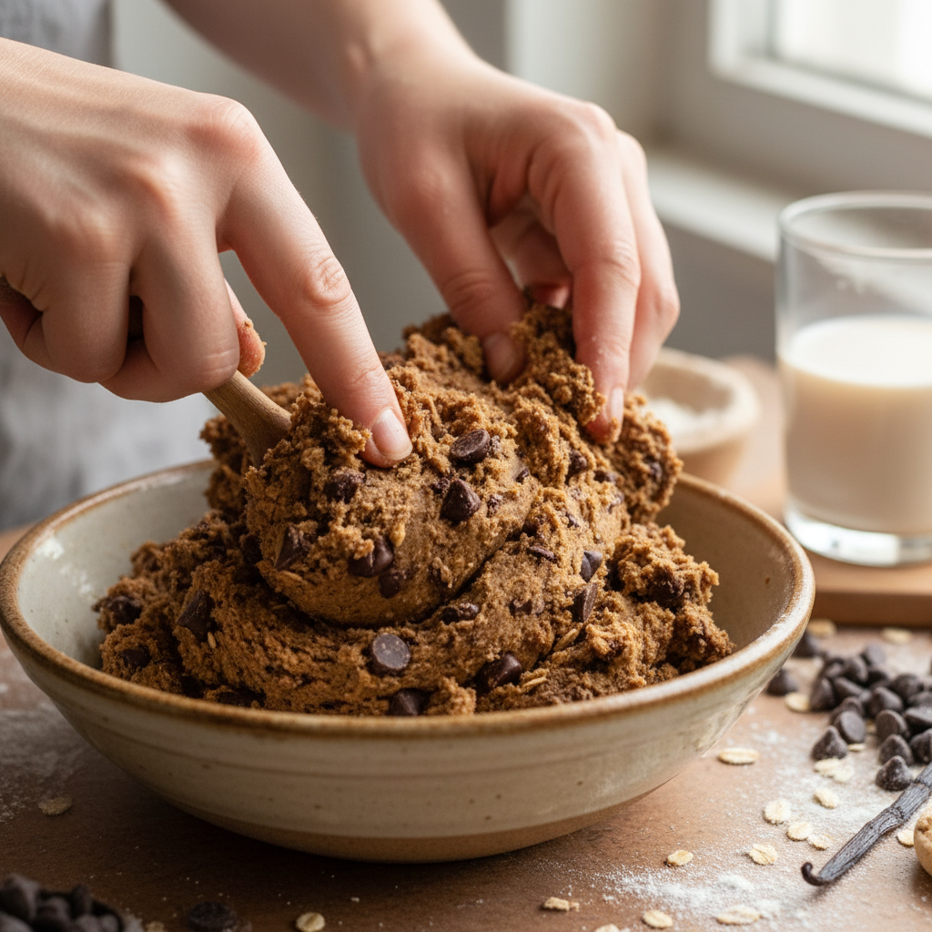 Mixed dough with chocolate chips for cookie cups