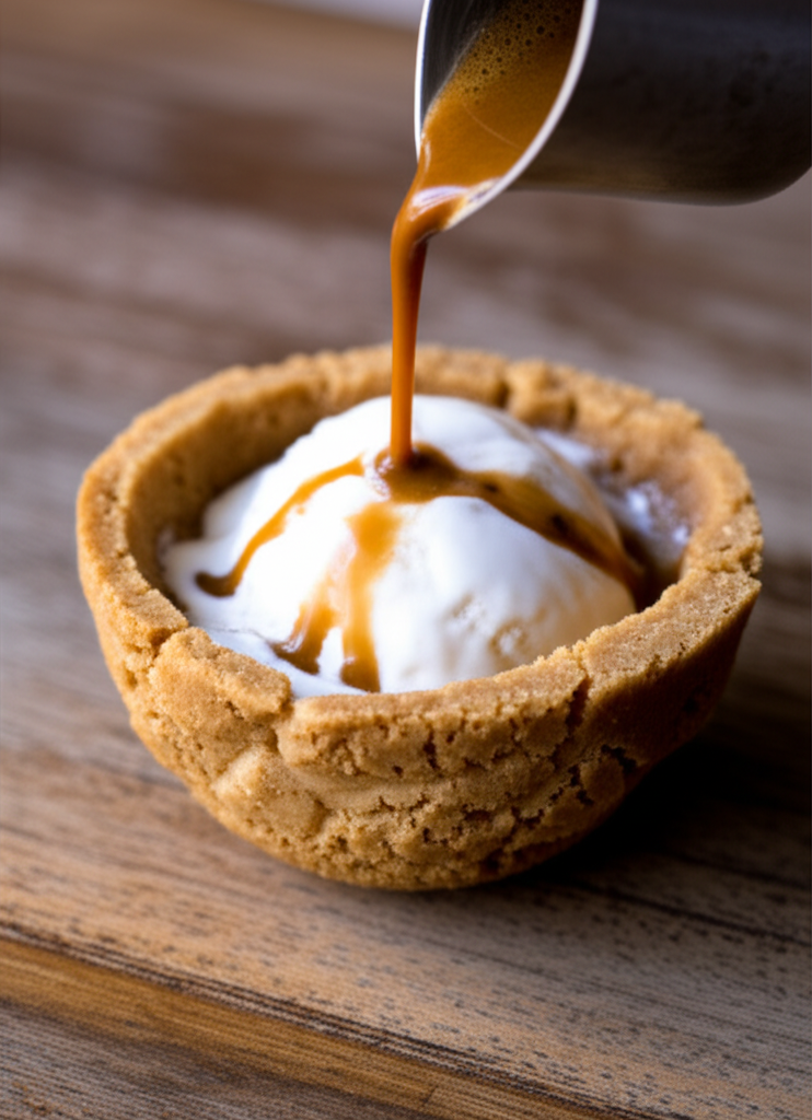 Vegan affogato cookie cup with vanilla ice cream and espresso