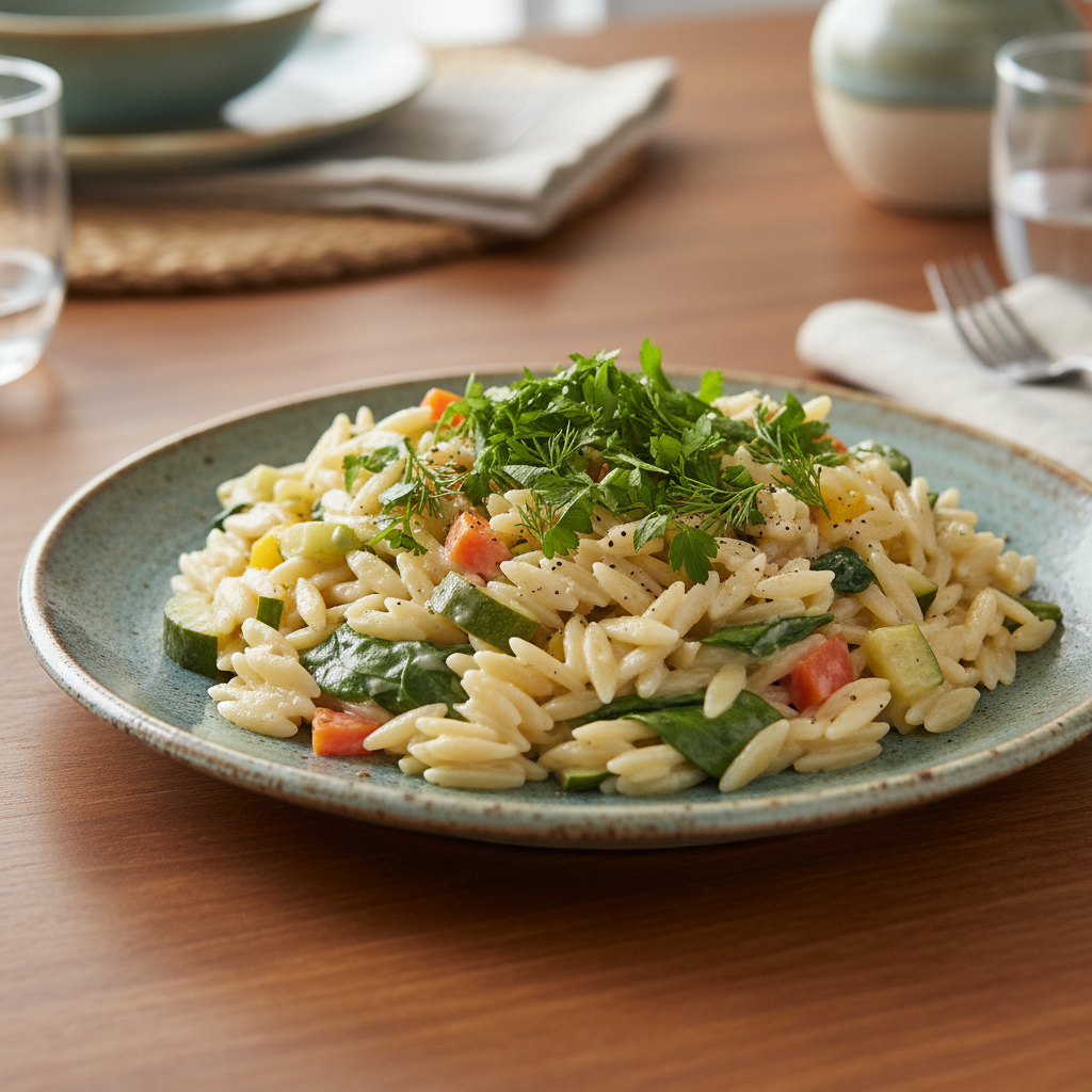 Finished creamy veggie orzo dish served in a bowl