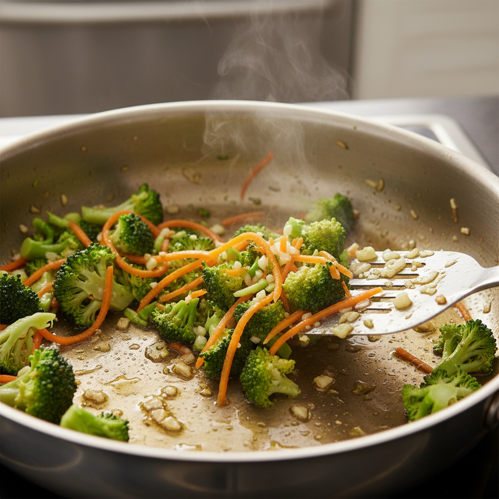 Cooking process showing broccoli, carrots and garlic in pot