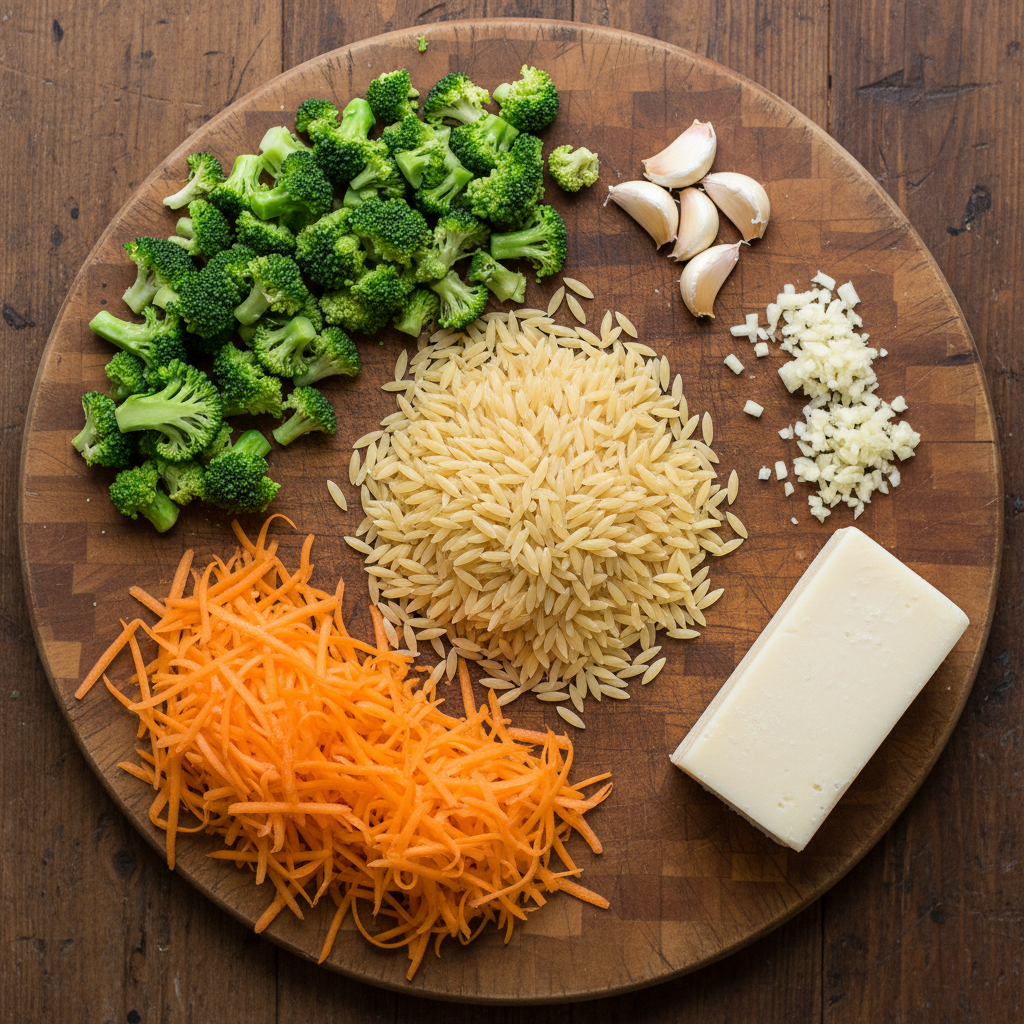 Ingredients for Veggie Orzo with broccoli, carrots, garlic, and cheese