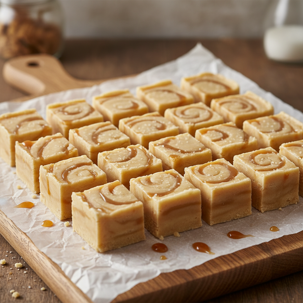 Pieces of white chocolate caramel fudge ready to eat