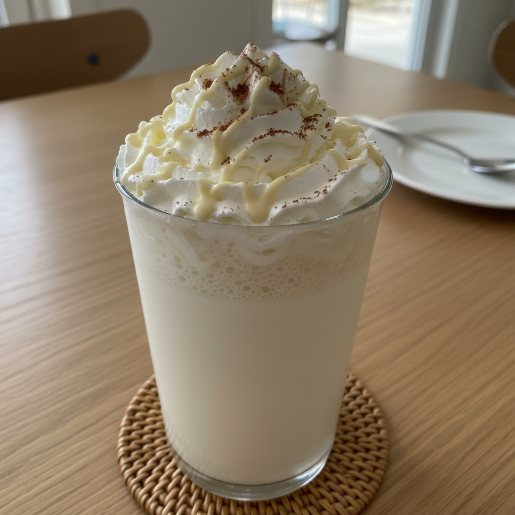 A tall glass of white mocha protein coffee with toppings