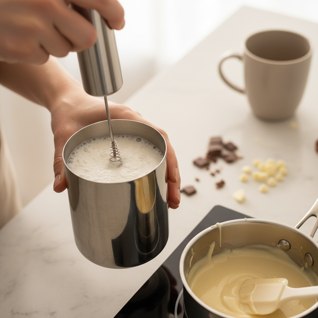Frothed milk in a container for white mocha protein coffee