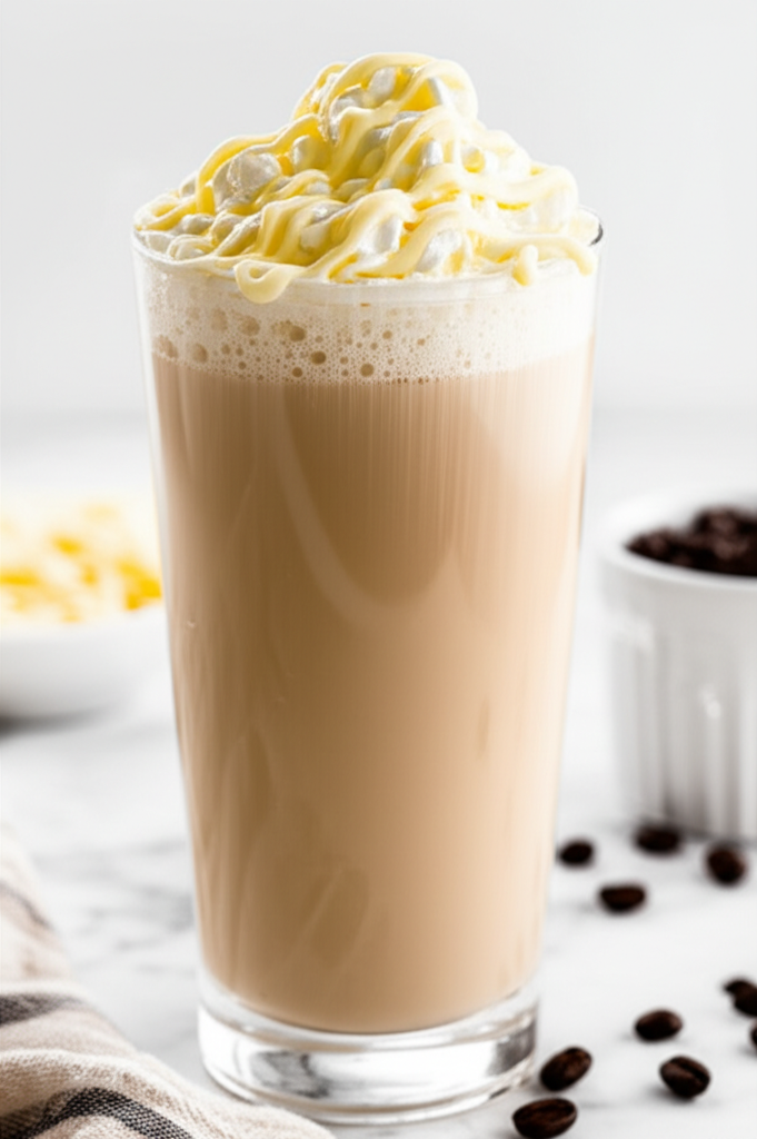 A cup of white mocha protein coffee on a table