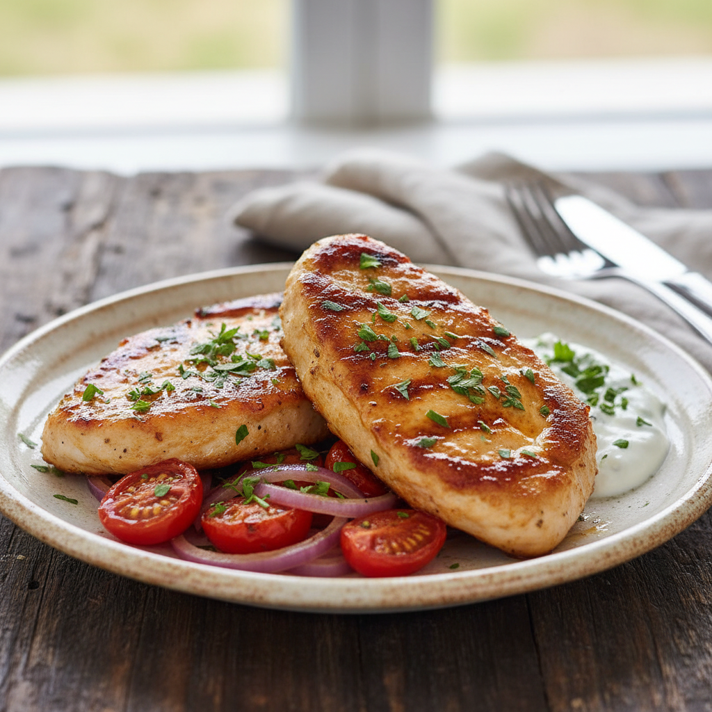 Yogurt marinated chicken cooked and served