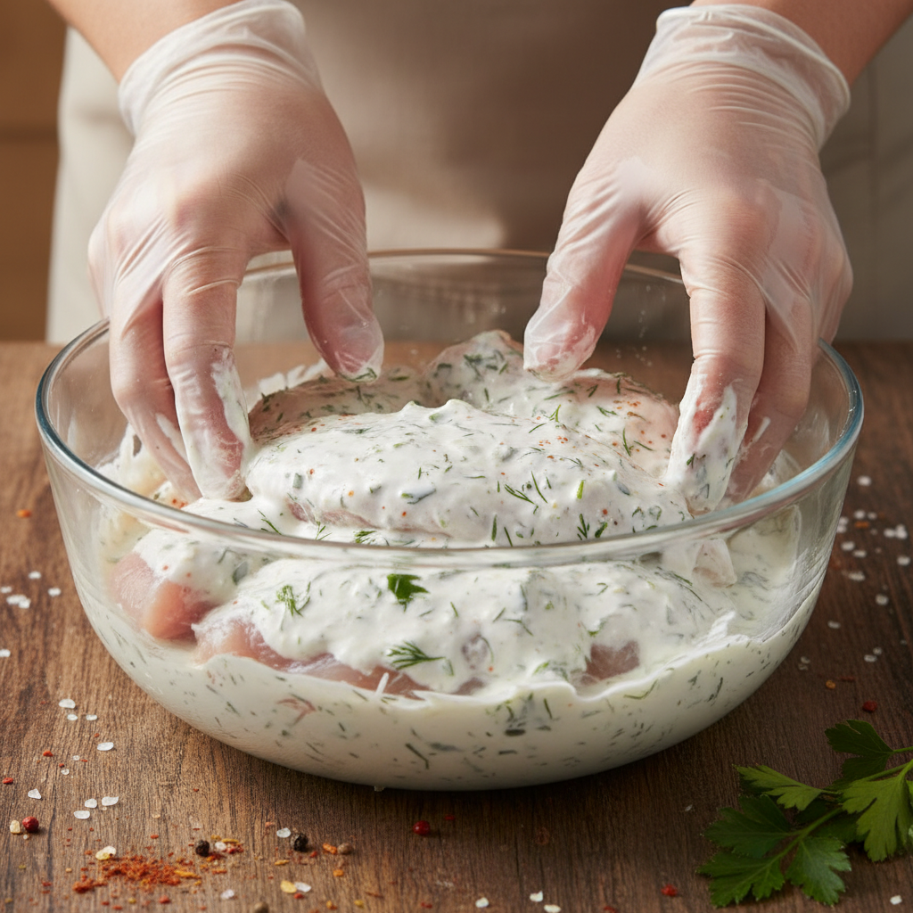 Mixing chicken with marinade