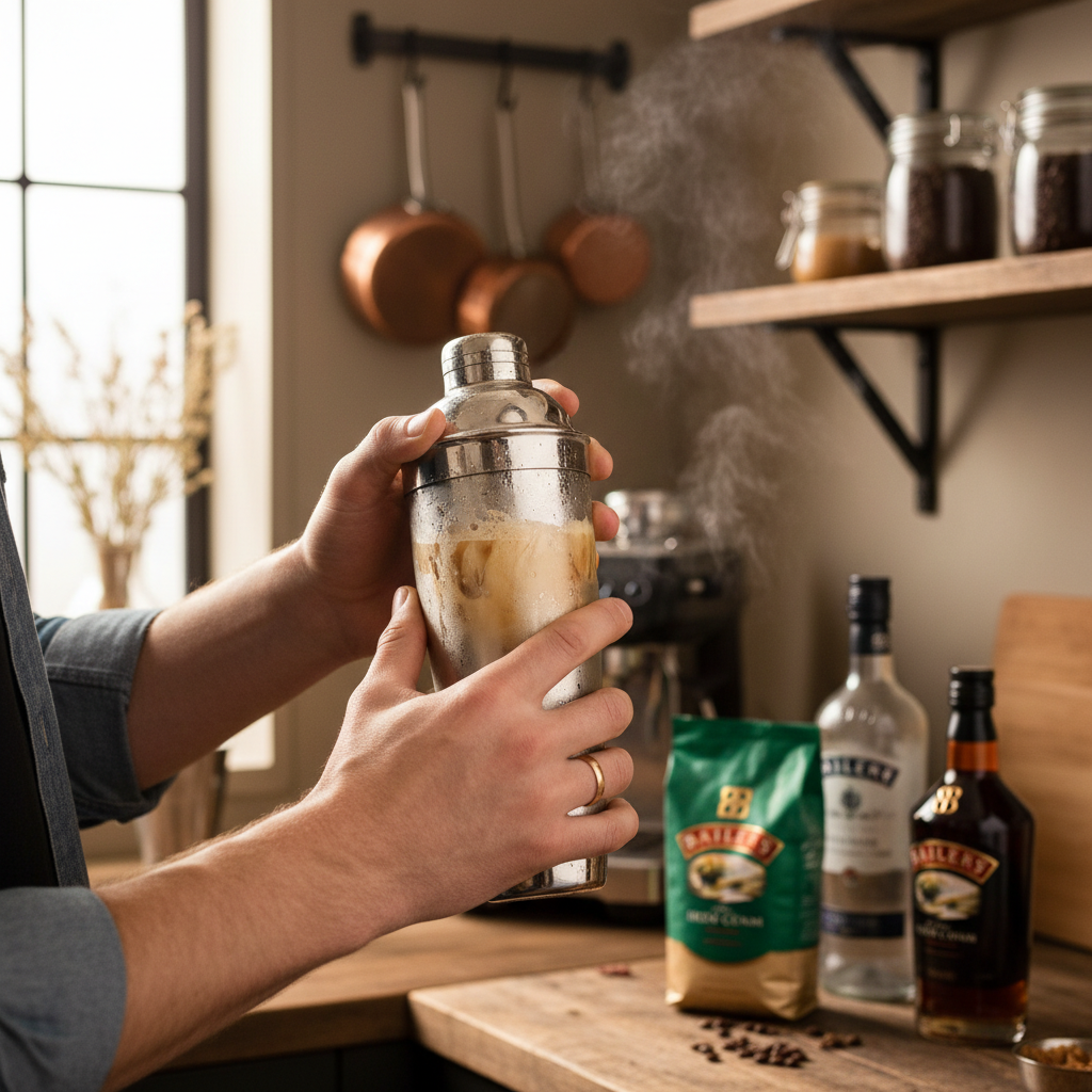 Shaking cocktail for Baileys Irish Martini