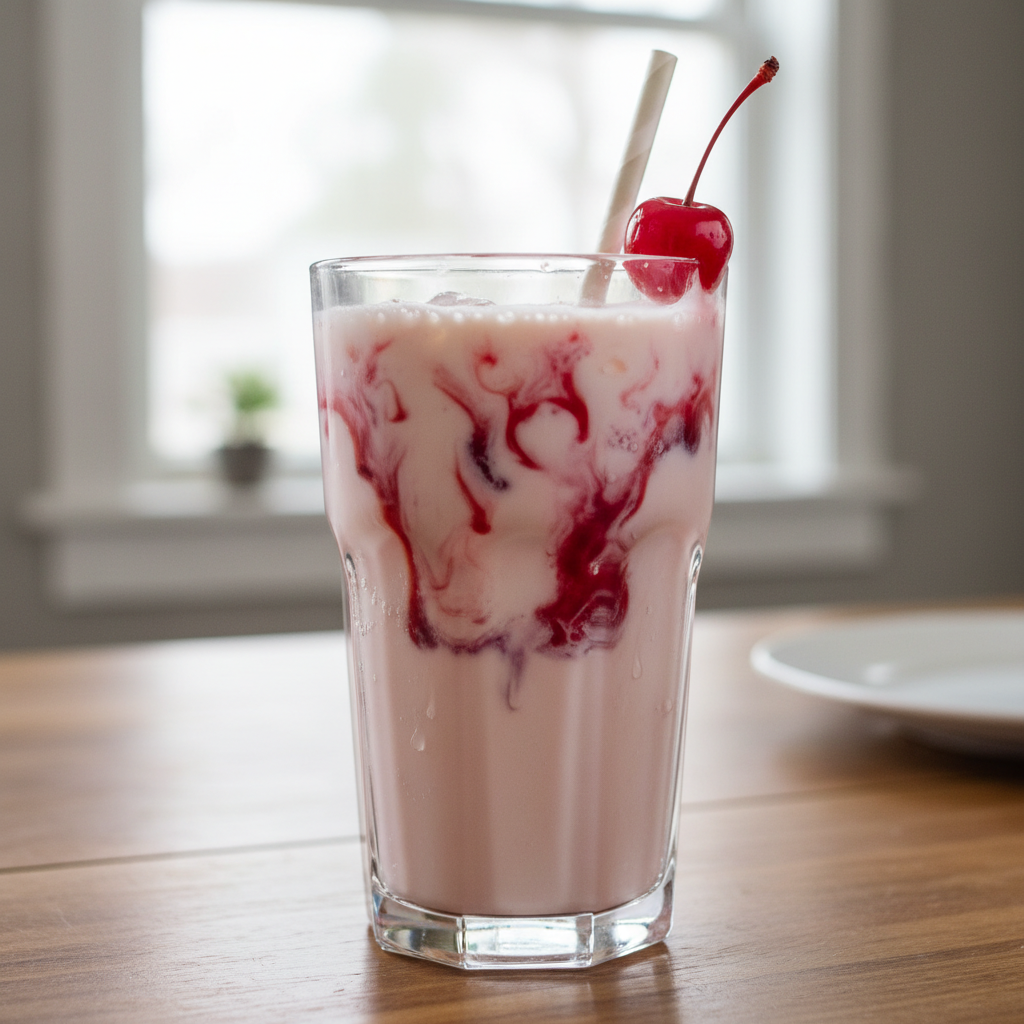 Creamy Cherry Swirl Dirty Soda with a cherry garnish