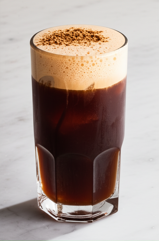 Cinnamon oat milk foam cold brew coffee in glass