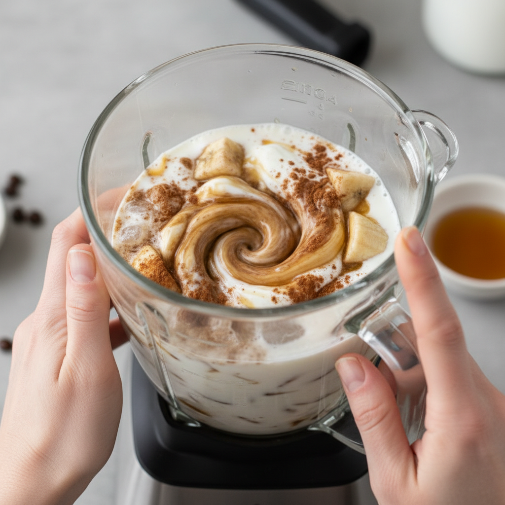 Ingredients added to blender for Cinnamon Roll Coffee Smoothie