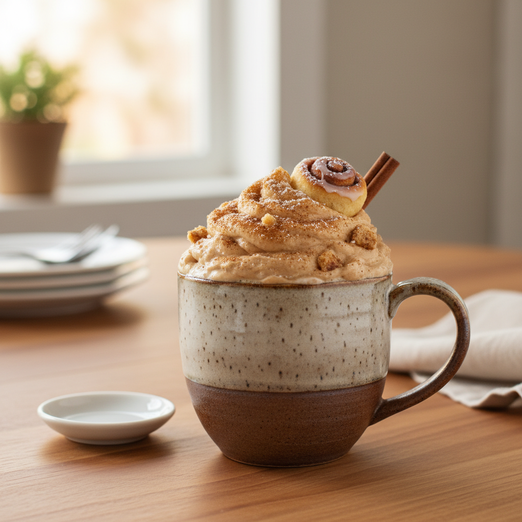 Closeup frozen cinnamon roll coffee topped with cinnamon sugar