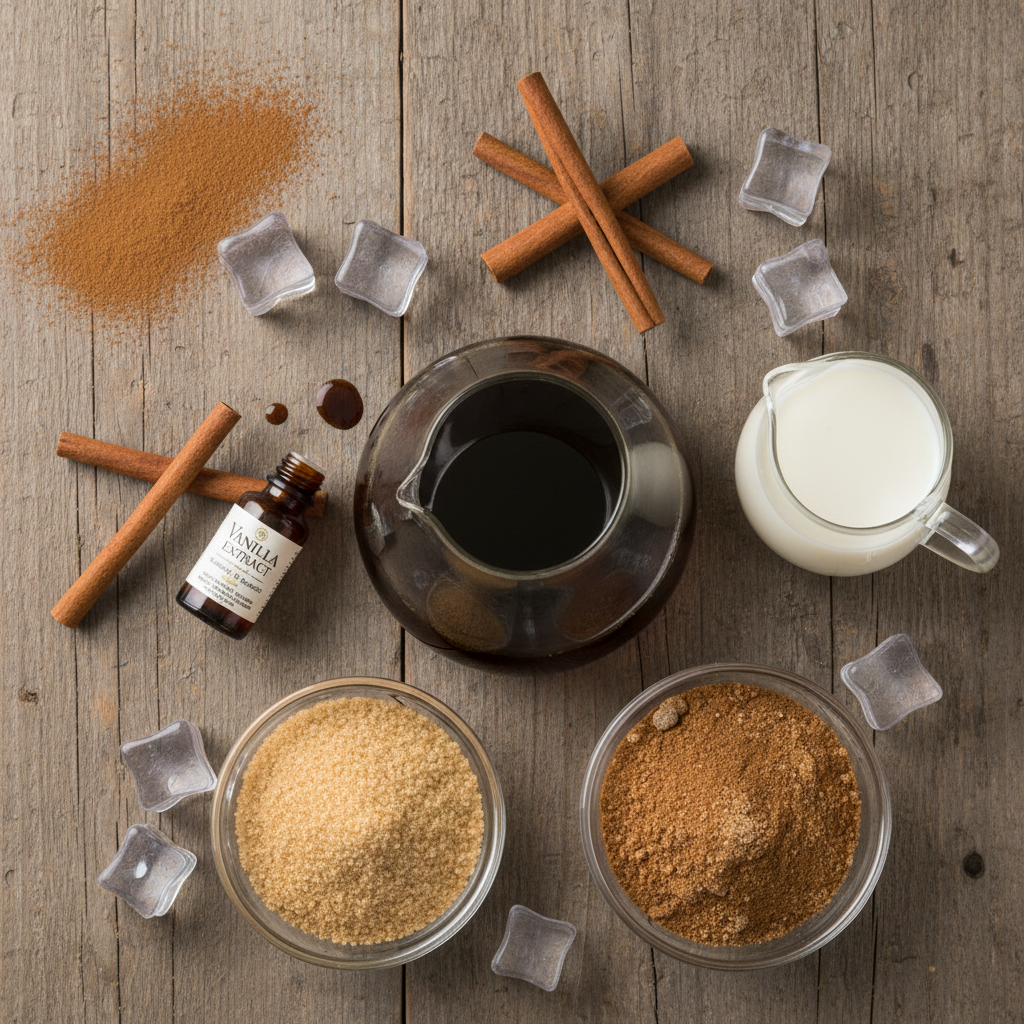 Ingredients for Cinnamon Roll Frozen Coffee including coffee, cinnamon, milk