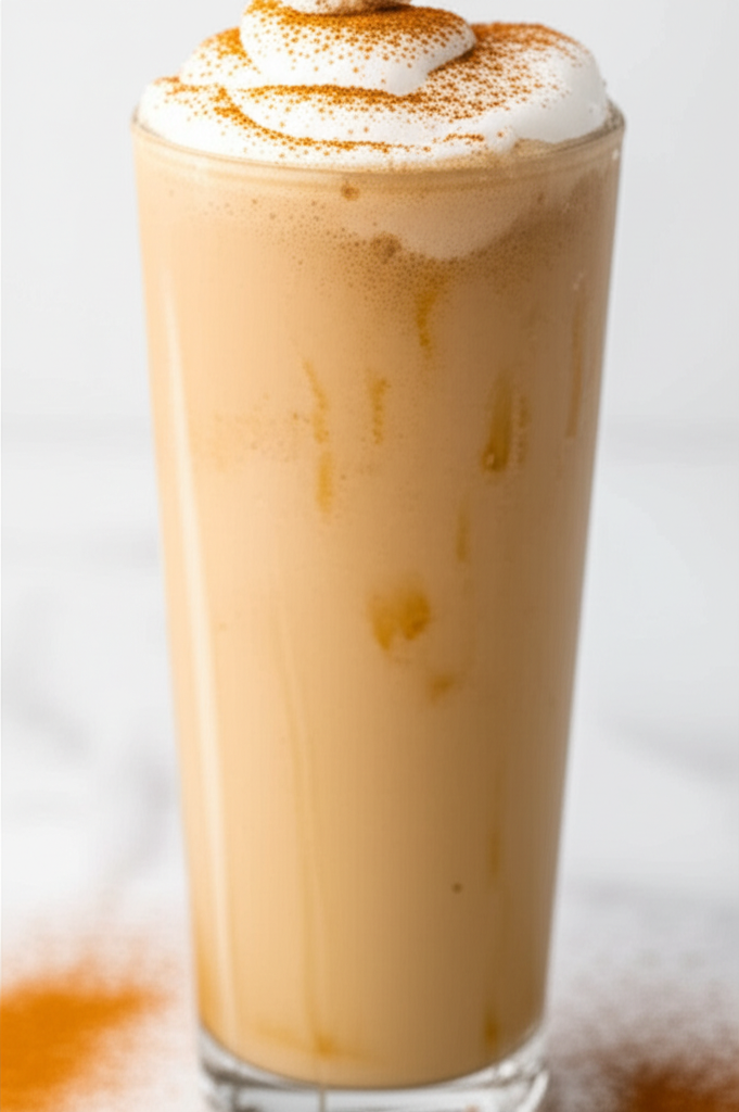 Cinnamon Roll Frozen Coffee in glass with cinnamon sticks