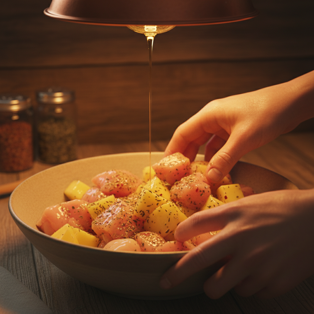 Mixing Chicken and Potatoes with Oil and Seasonings