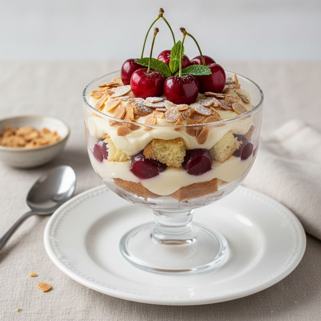 Beautiful layered Cherry Almond Amaretto Trifle