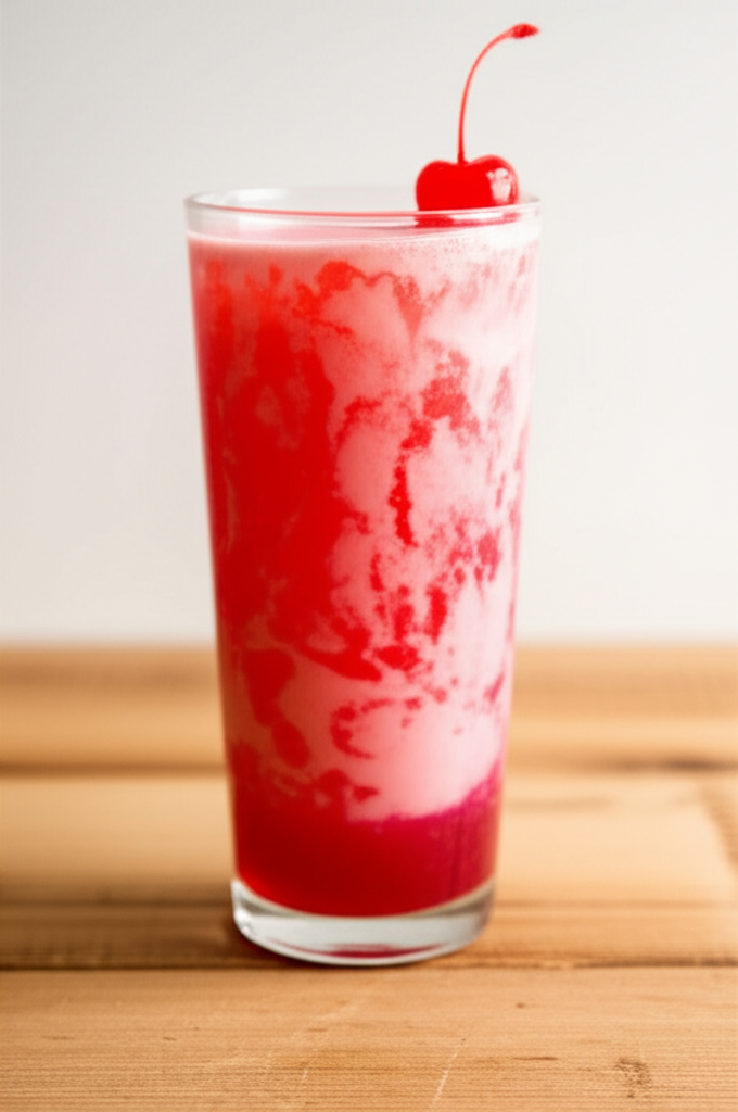 Glass of Cherry Swirl Dirty Soda with fizz bubbles