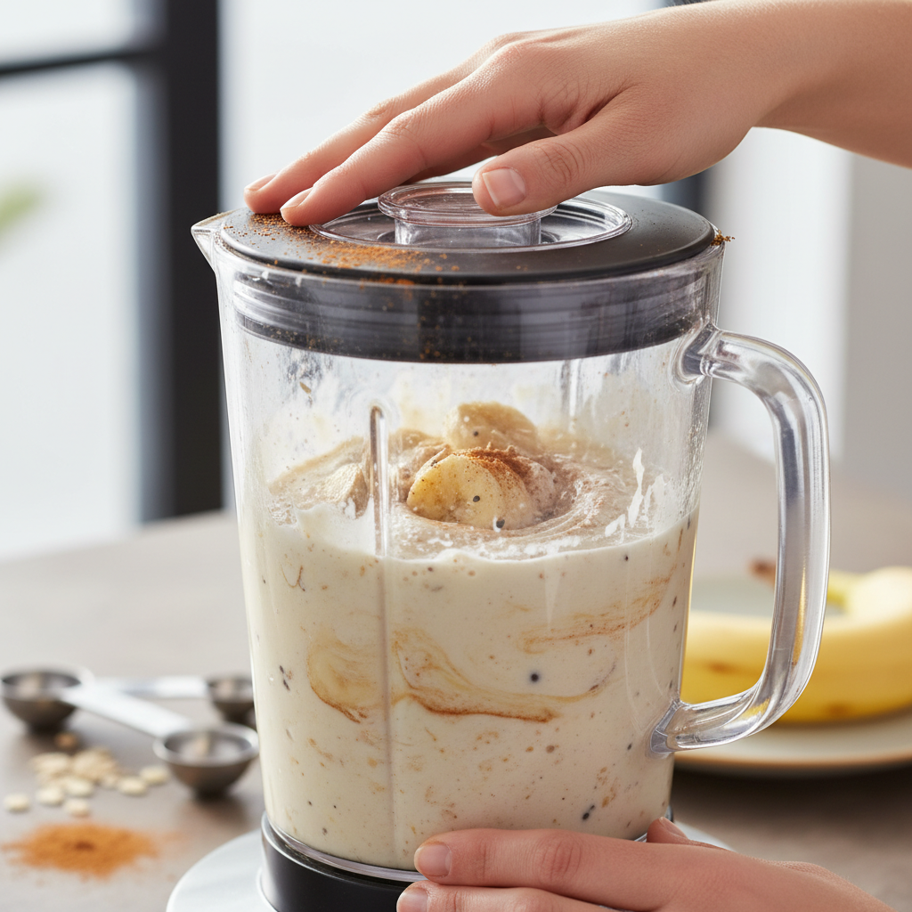 Adding ingredients to blender for protein shake