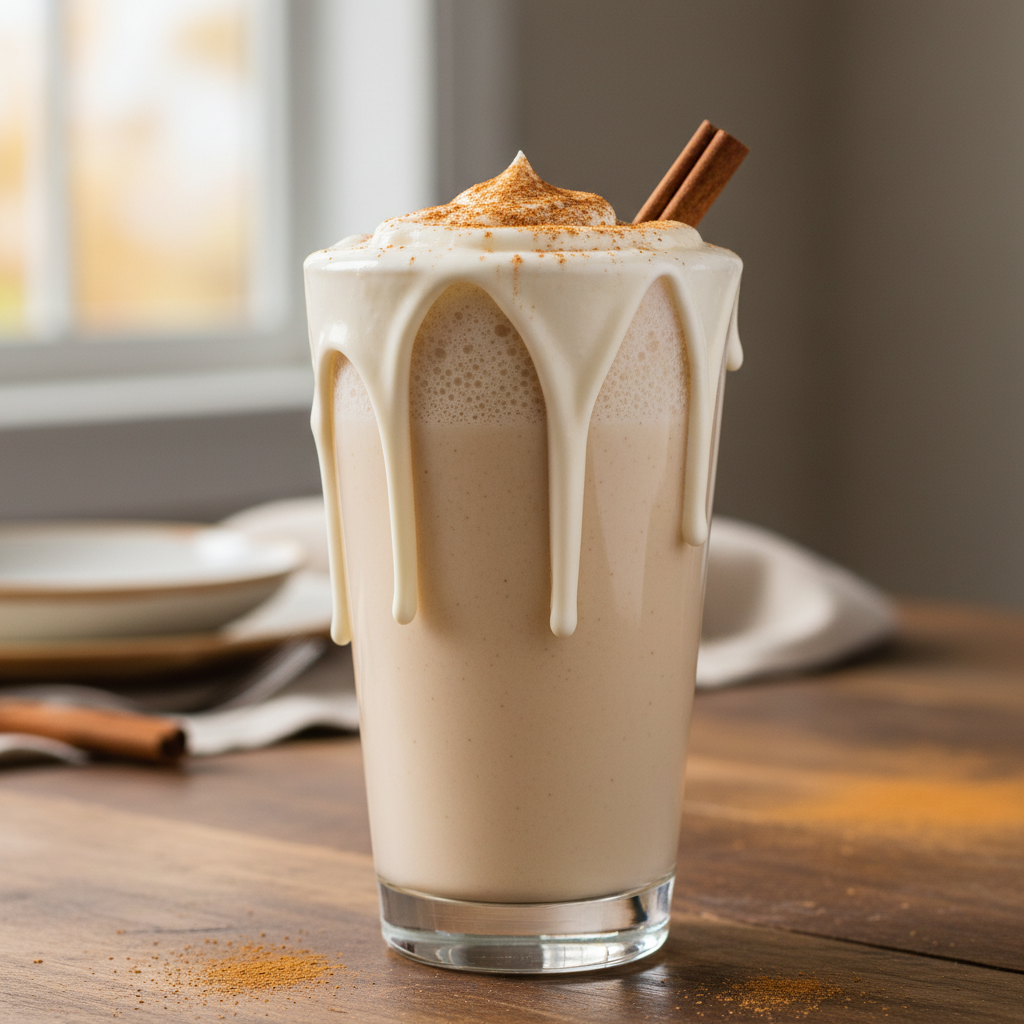 Finished Cinnamon Roll Protein Shake topped with frosting and cinnamon stick