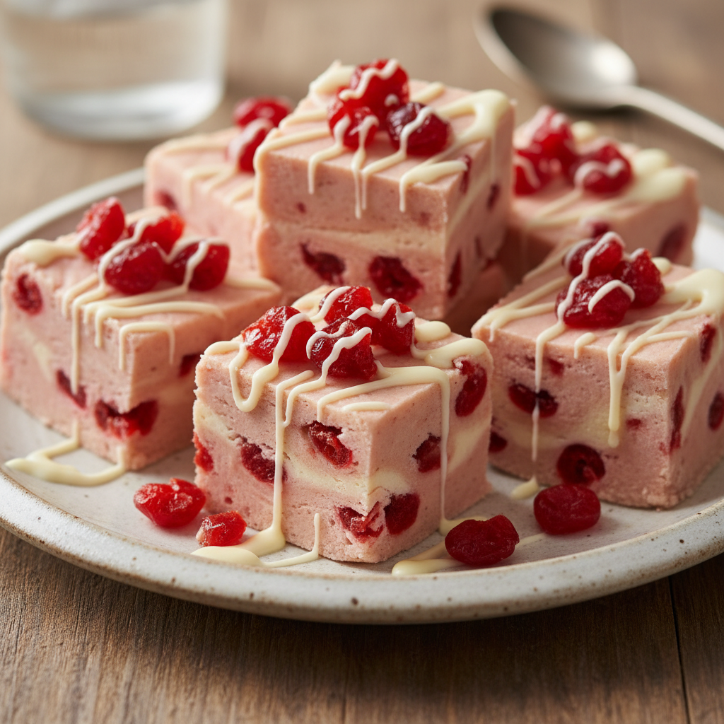 Final serving of Cherry Vanilla Fudge with cherry garnish and drizzle