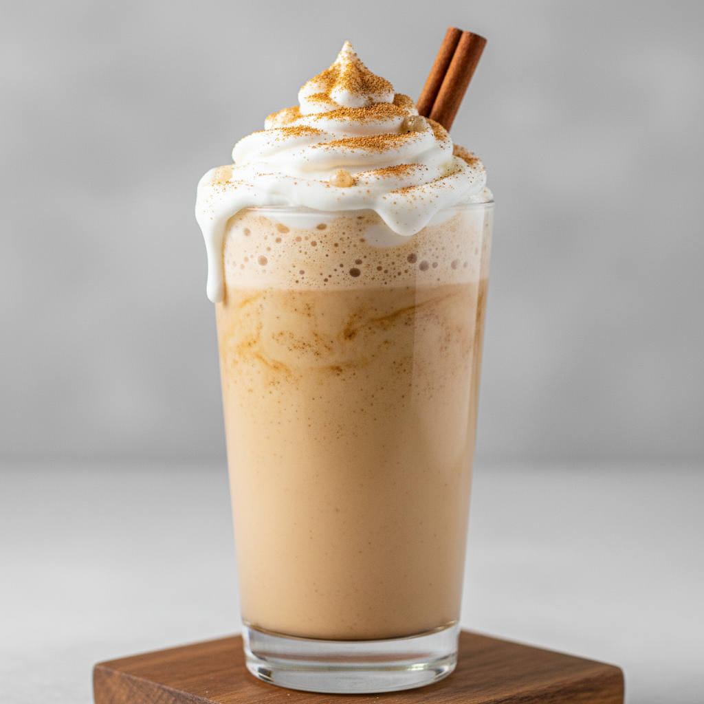 Served Cinnamon Roll Protein Shake with cinnamon stick garnish