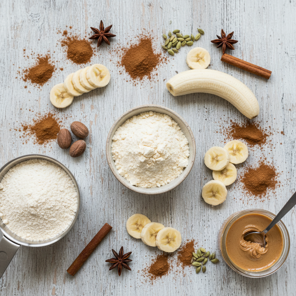Ingredients for Cinnamon Roll Protein Shake on a table