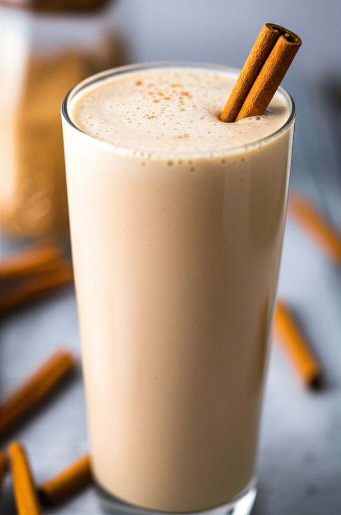 Cinnamon Roll Protein Shake in glass with cinnamon sticks