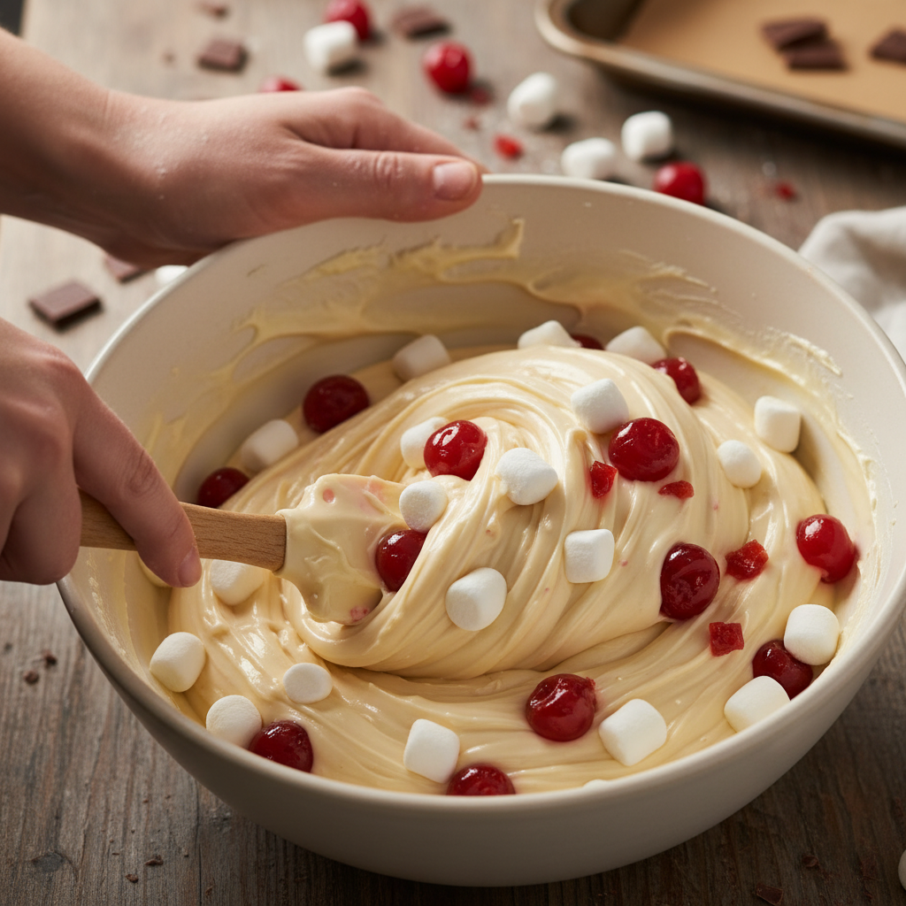 Mixing marshmallows and cherries into fudge mixture