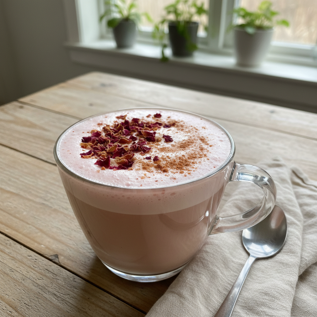 Final plated Cinnamon Rose Latte ready to serve