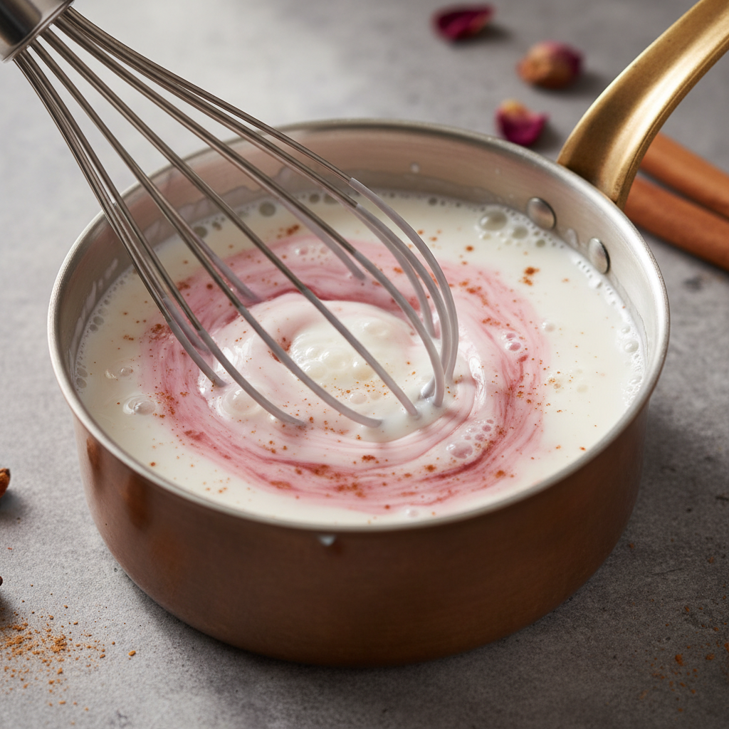 Mixing rose syrup, cinnamon, and vanilla into warmed milk