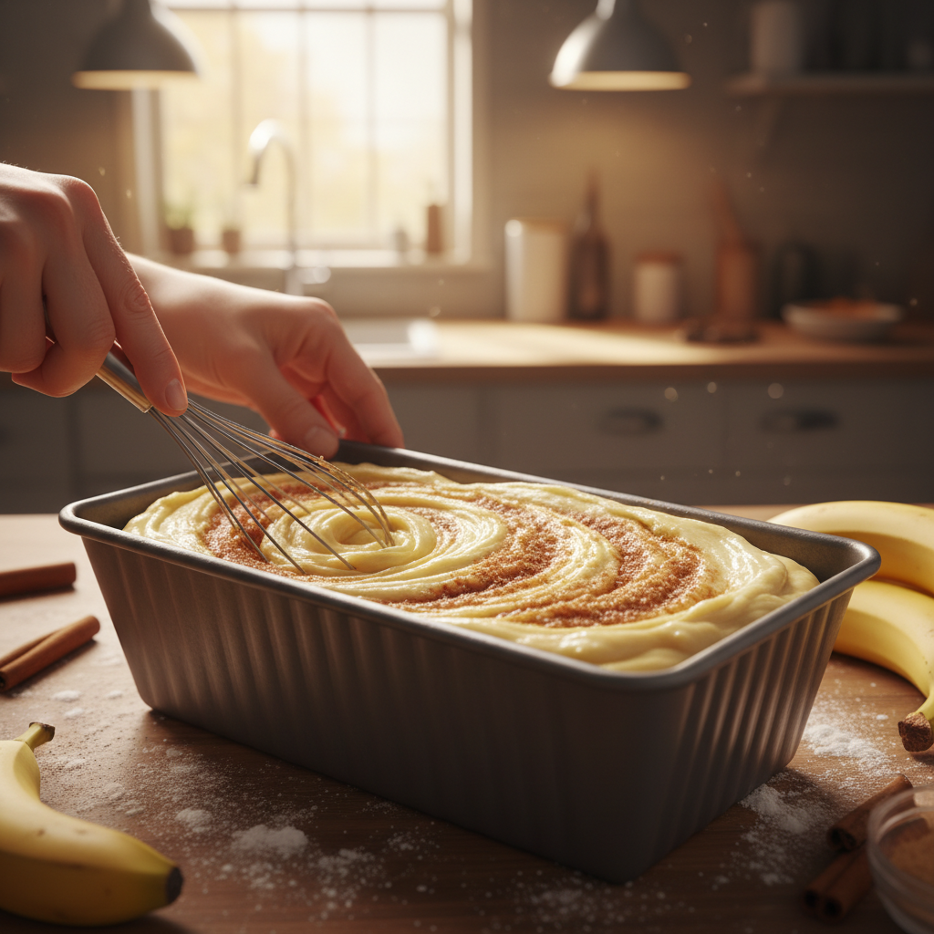 Banana bread batter with cinnamon swirl layering in loaf pan
