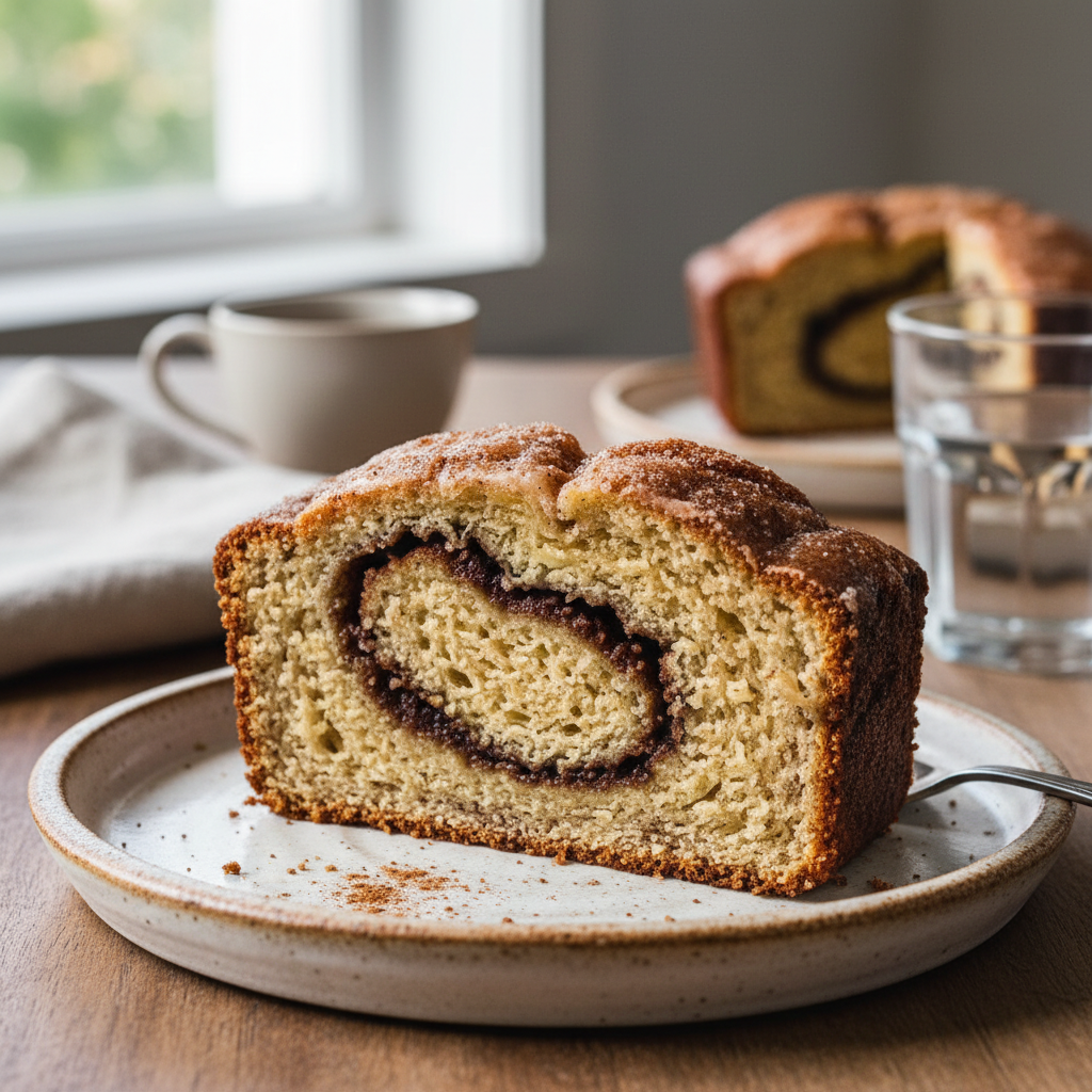 Cinnamon swirl banana bread with vanilla drizzle on top